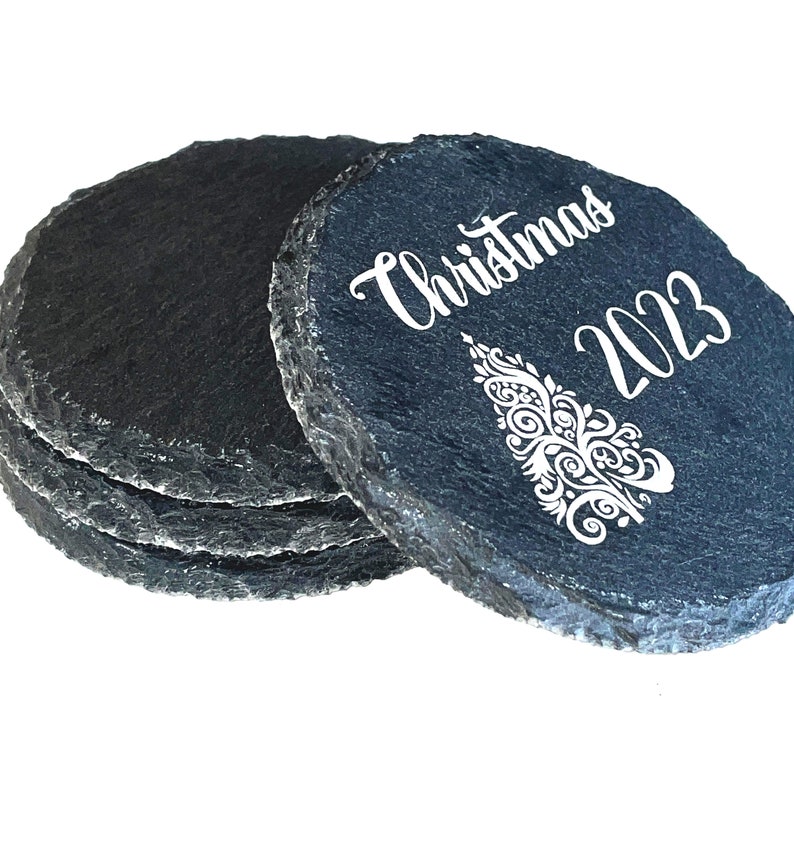 Custom Laser Engraved Slate Coasters 4 round or square Set of 4 Any Text or Silhouette Image 画像 4