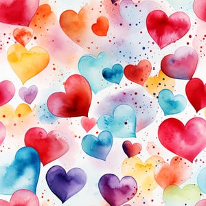May include: A seamless pattern of watercolor hearts in various colors, including red, pink, blue, purple, yellow, and green. The hearts are painted in a loose, abstract style, and they overlap and interlock to create a dynamic and playful design.