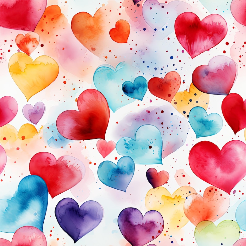 May include: A seamless pattern of watercolor hearts in various colors, including red, pink, blue, purple, yellow, and green. The hearts are painted in a loose, abstract style, and they overlap and interlock to create a dynamic and playful design.