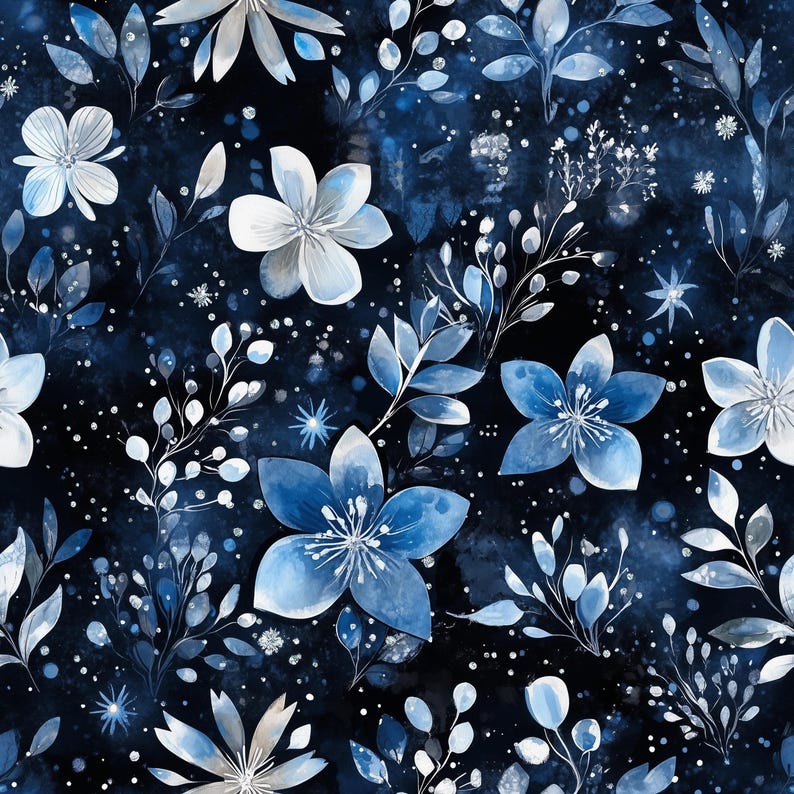 May include: A seamless pattern featuring blue and white watercolor flowers on a dark blue background. The flowers are stylized and have a delicate, ethereal look. The background is speckled with white dots, creating a starry night effect.