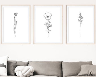 Minimal Line Botanical Print Set of 3, Gallery Wall art, Line Flowers Printable Art, Wild Flowers Art Floral Line Art, Modern Home Decor Art