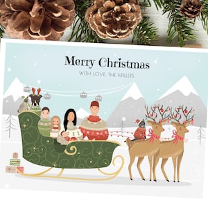 Tarjeta de Navidad personalizada, Linda tarjeta navideña familiar, Ilustración navideña de dibujos animados personalizada, Tarjetas de Navidad divertidas Trineo, Ciervo, Al aire libre, Feliz