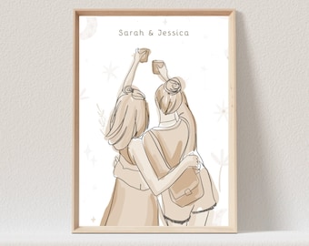 May include: A line drawing of two people taking a selfie. The drawing is in shades of brown and white. The text "Sarah & Jessica" is at the top of the image.