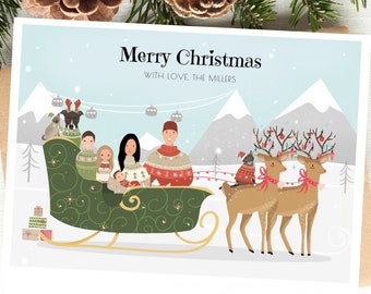 Custom Christmas card, Cute Family Holiday Card, Personalized Cartoon Christmas Illustration, Funny Xmas Cards Sleigh, Deer, Outdoor, Merry