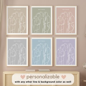 May include: Six printable art prints featuring a line drawing of three friends. The prints are in six different colours: beige, green, pink, grey, blue, and purple. The text "Best Friends" is at the top of each print.