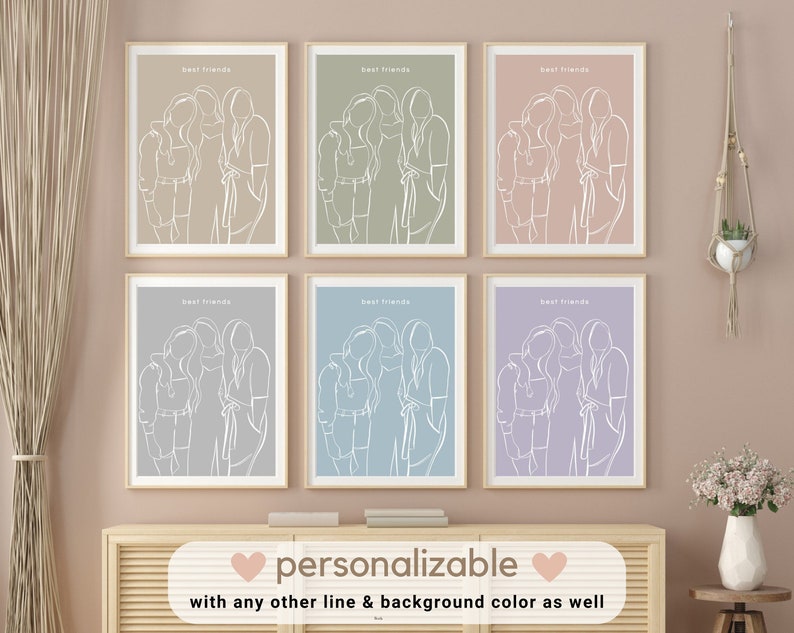 May include: Six printable art prints featuring a line drawing of three friends. The prints are in six different colours: beige, green, pink, grey, blue, and purple. The text "Best Friends" is at the top of each print.
