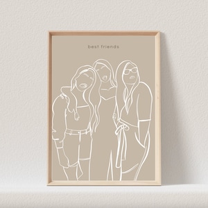 May include: A beige background with a white outline drawing of three friends. The text "best friends" is at the top of the image.