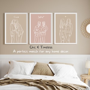 May include: Three framed line drawings of women in various poses. The frames are white with a light brown mat. The drawings are on a light brown background. The text "Friends" is at the top of the left frame, "Sisters" is at the top of the middle frame, and a heart is at the top of the right frame.
