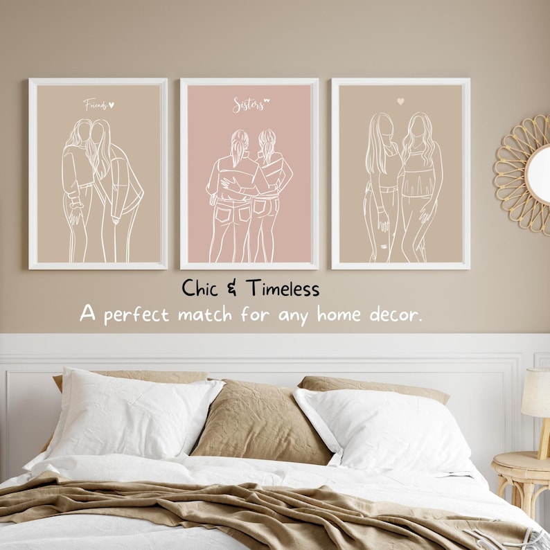 May include: Three framed line drawings of women in various poses. The frames are white with a light brown mat. The drawings are on a light brown background. The text "Friends" is at the top of the left frame, "Sisters" is at the top of the middle frame, and a heart is at the top of the right frame.