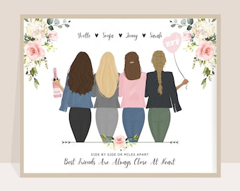 Best Friends gift, Personalized Gifts Bestie, Personalized Best Friends Gift, Friend Birthday gift, four friends picture, 4 friends drawing