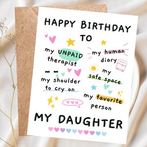 Tarjeta de cumpleaños divertida y adorable para hija, saludos de cumpleaños divertidos, tarjeta hecha a mano, deseos de cumpleaños únicos, idea de regalo para hija.