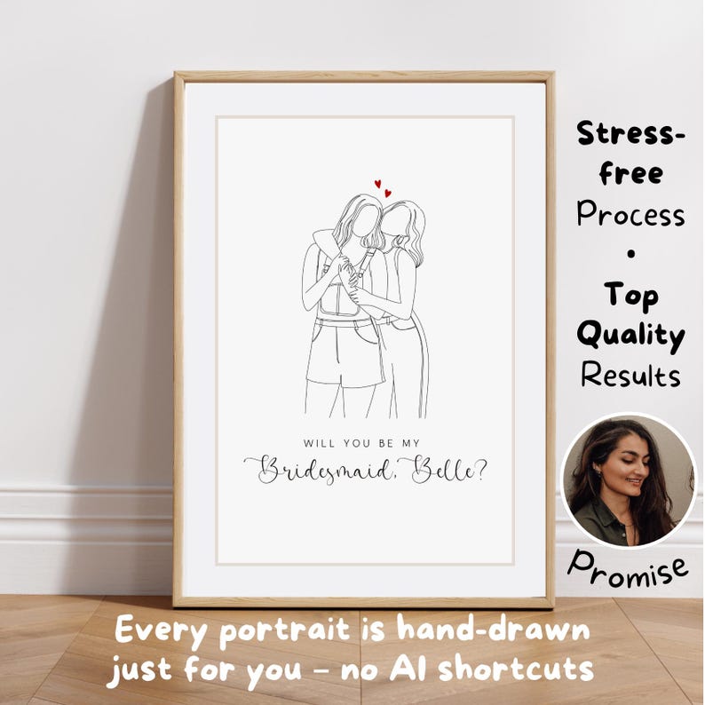 Personalized Bridesmaid Proposal Line Art Portrait, Custom Minimalist Drawing (Digital File) image 2