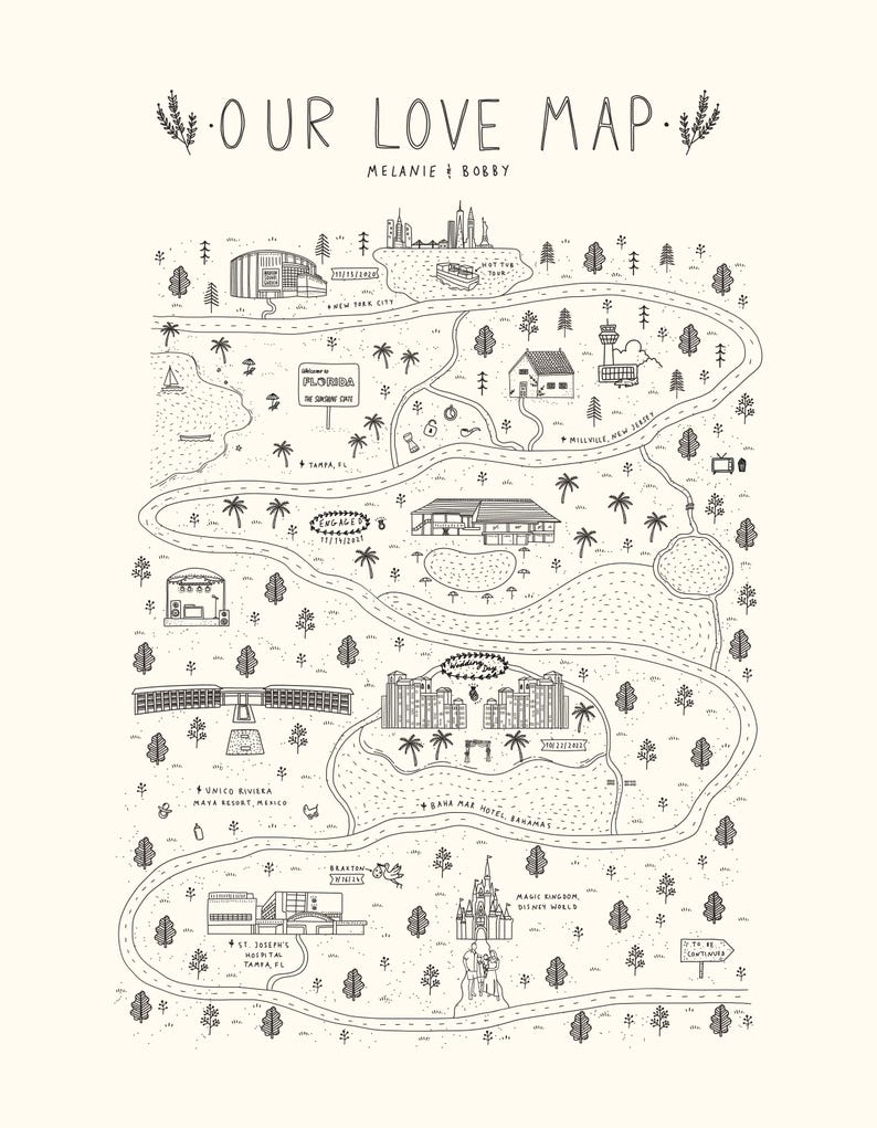 May include: A black and white illustrated map titled "OUR LOVE MAP" with the names "Melanie & Bobby" above. The map features various locations, including New York City, Florida, and the Bahamas, with detailed drawings of buildings and landmarks.