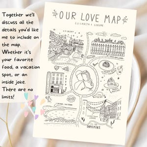 May include: A black and white illustrated map titled "Our Love Map" with the names Elisabeth & Giuseppe. The map includes drawings of buildings, food, and locations, with text that reads "It's the Dopamine".