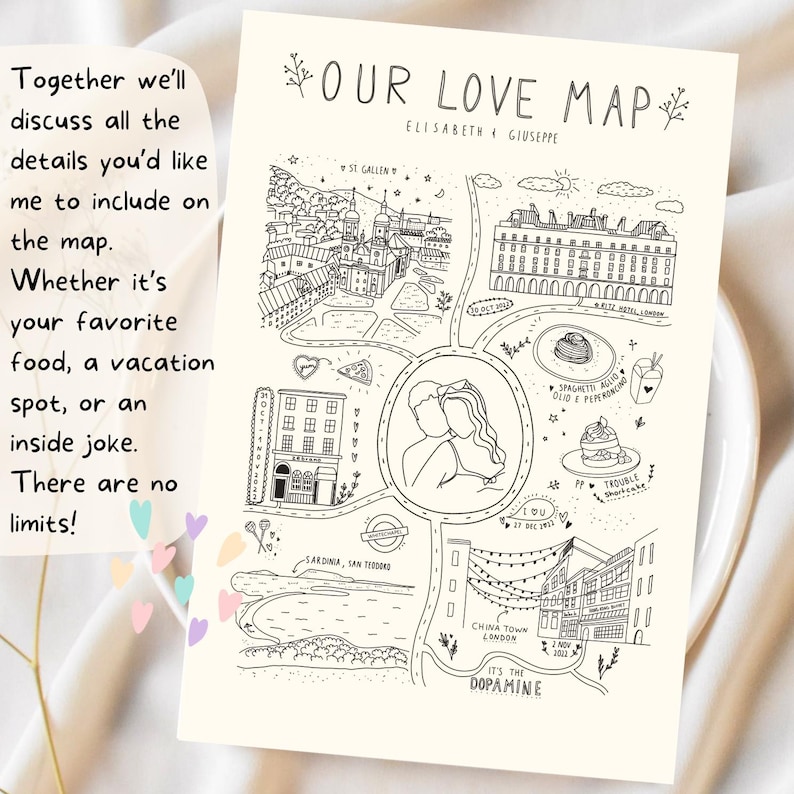 May include: A black and white illustrated map titled "Our Love Map" with the names Elisabeth & Giuseppe. The map includes drawings of buildings, food, and locations, with text that reads "It's the Dopamine".