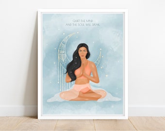 Namaste Print, Feministische Wandkunst, blaue Wandkunst, Yoga Wandkunst, Göttin, Mondsterne, druckbare Wandkunst, positive Wandkunst, Meditation