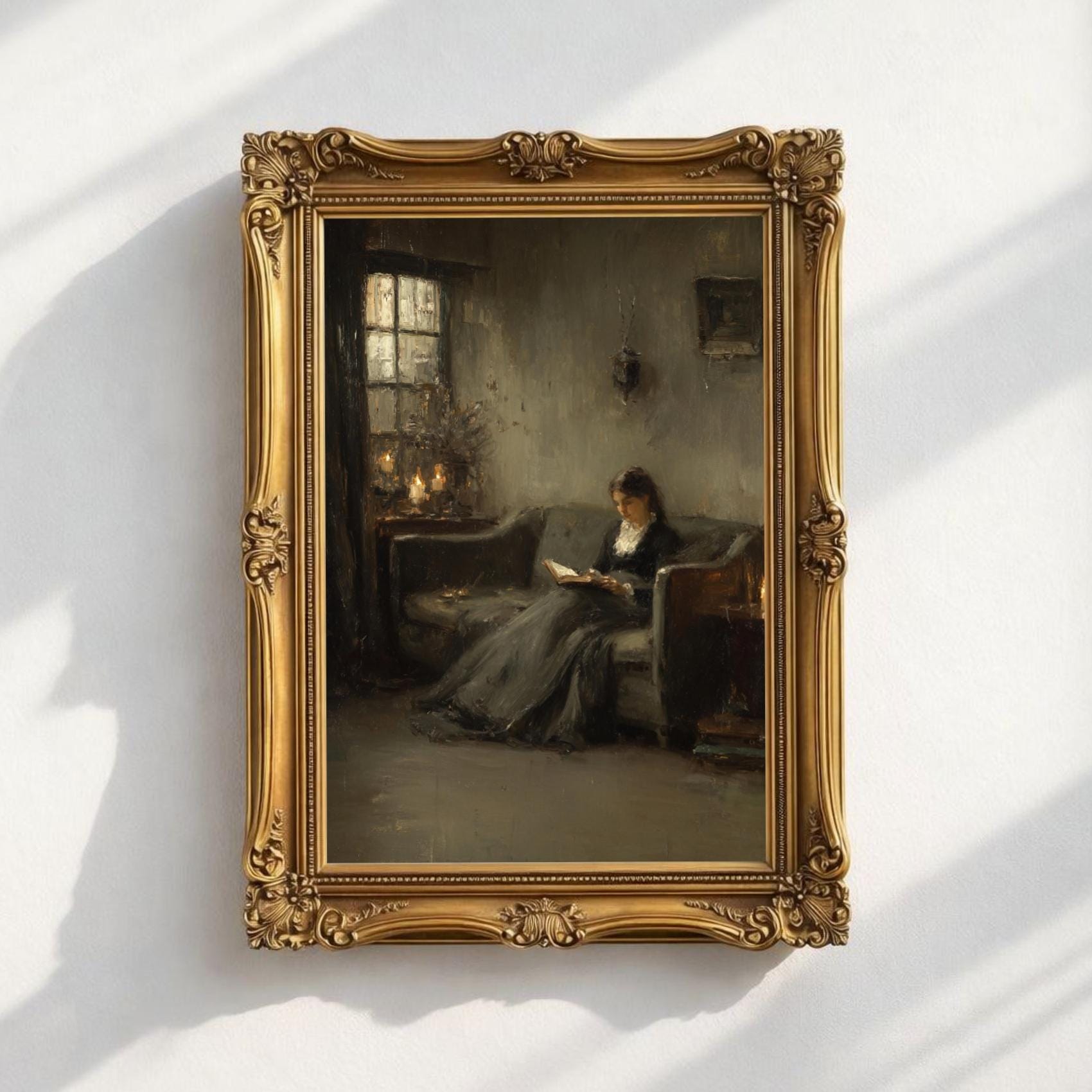 Vintage Woman Reading Art Print, Bookcore Sofa Painting, Antique Moody ...