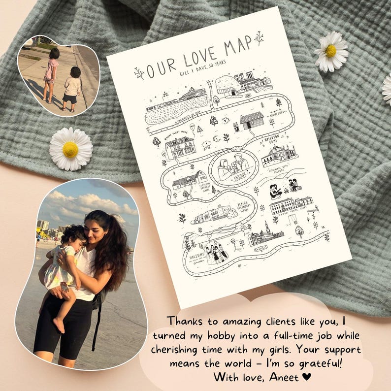 May include: A black and white illustrated map titled "OUR LOVE MAP" with the names "GILL & DAVE 30 YEARS". The map features illustrated landmarks and a handwritten message. Two photos and daisies are also included.