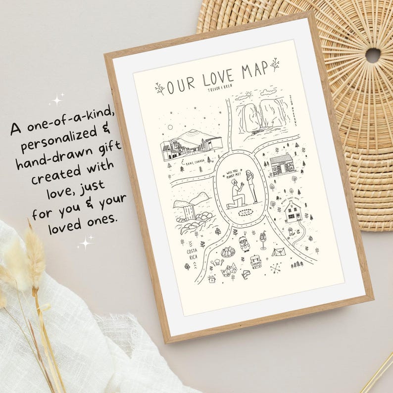May include: A framed, hand-drawn map with the text "OUR LOVE MAP" and "Trevor & Kels". The map features illustrations of locations and the text "Will you marry me?". The frame is a light brown color.