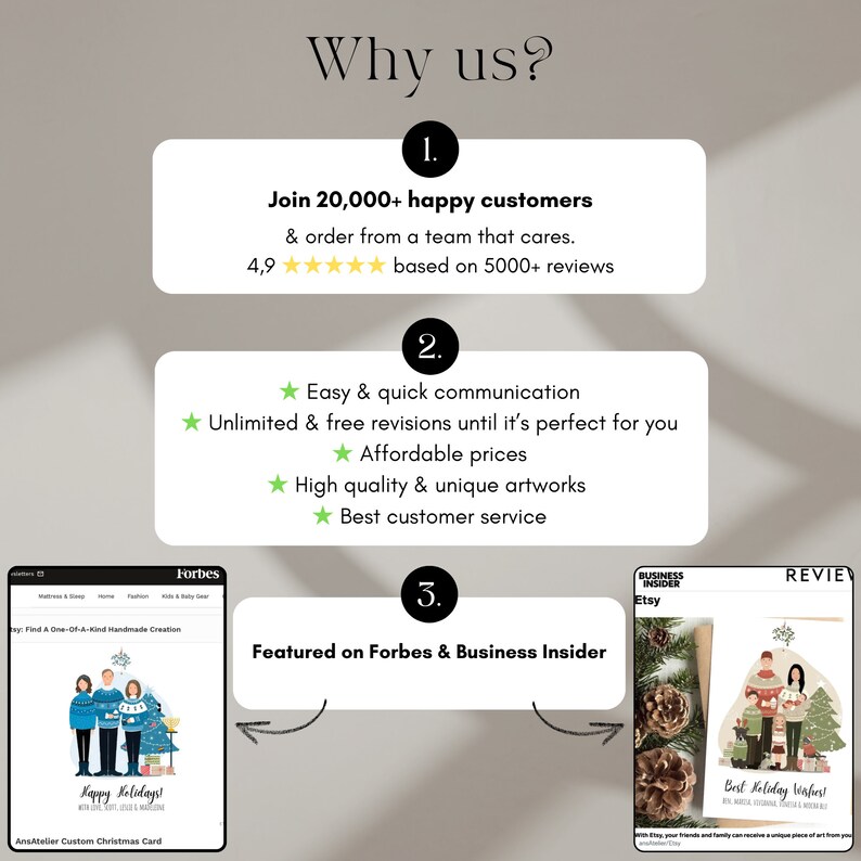 May include: A graphic with the text "Why us?" and three numbered points highlighting the benefits of ordering custom artwork. The benefits include joining 20,000+ happy customers, easy and quick communication, and being featured on Forbes and Business Insider. The graphic also includes a customer review from Etsy.