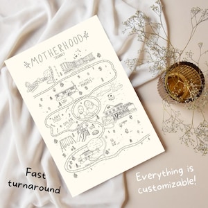 May include: A cream-colored print with a black and white illustrated map titled "Motherhood Journey." The map includes drawings of buildings, roads, and a playground. Text on the print reads "Fast turnaround" and "Everything is customizable!"
