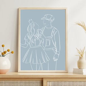 May include: A line drawing of a couple in white on a light blue background. The woman is wearing a crown and a dress. The man is wearing a cap and overalls. They are looking at each other and smiling.