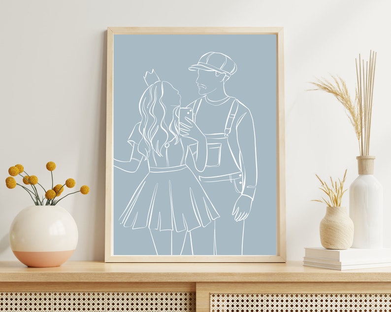 May include: A line drawing of a couple in white on a light blue background. The woman is wearing a crown and a dress. The man is wearing a cap and overalls. They are looking at each other and smiling.