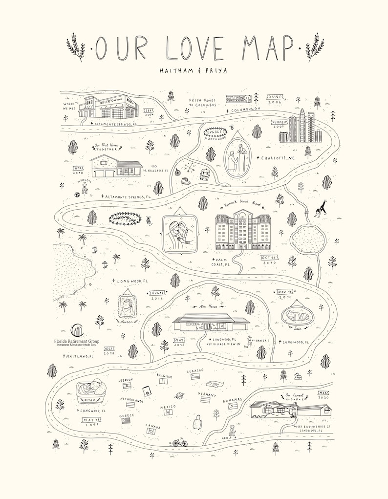 May include: A black and white illustrated map titled "Our Love Map" with the names "Haitham & Priya" at the top. The map features various locations, including cities and landmarks, connected by roads and adorned with decorative elements.