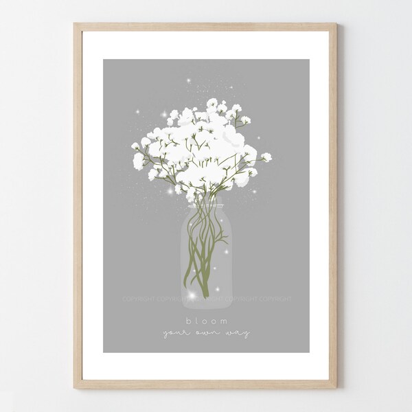 Digital Art Print, Flowers Art Print, White Flowers in a bottle, Bloom Your Own Way, Minimalist Wall Art, Gray Wall Print, Downloadable