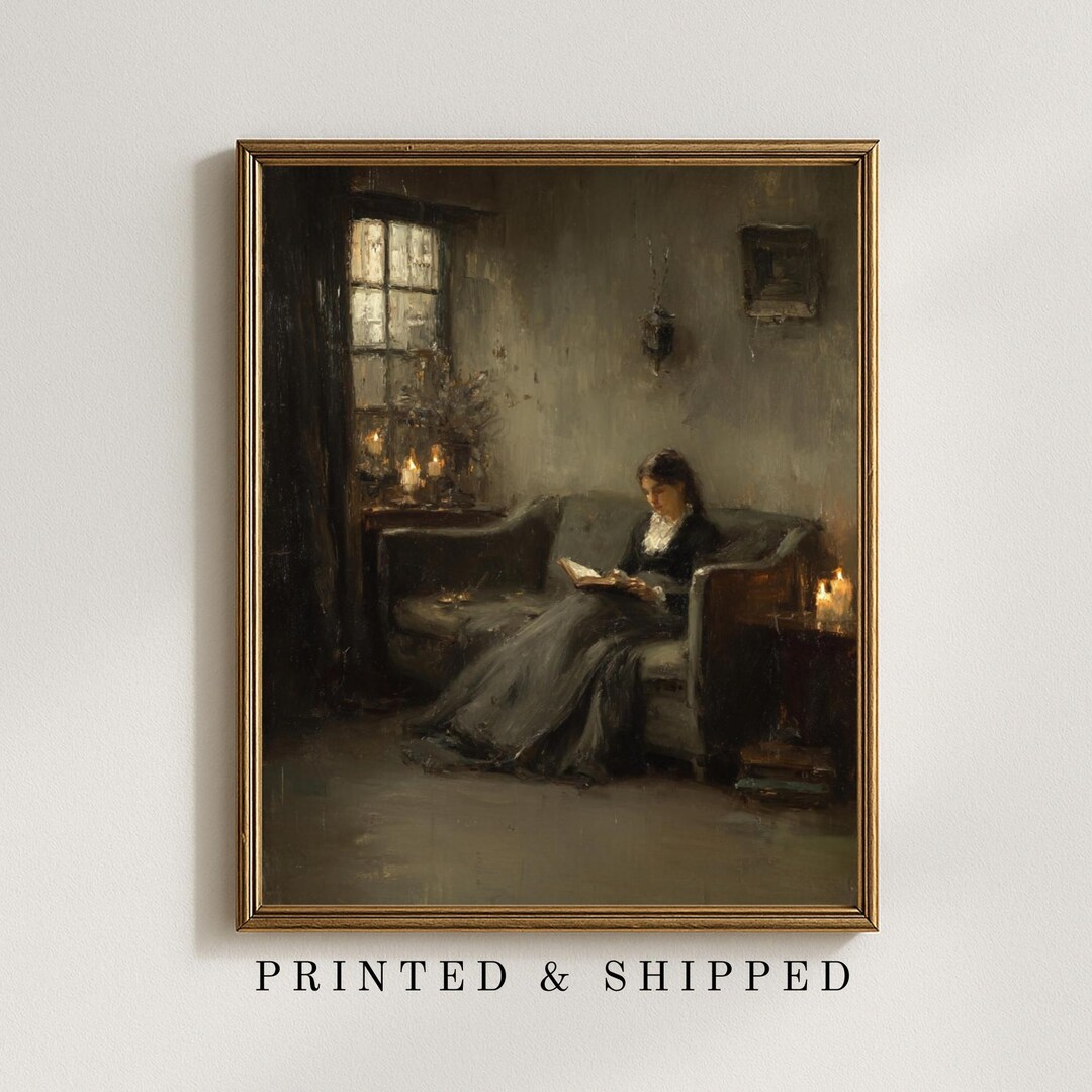 Vintage Woman Reading Art Print, Bookcore Sofa Painting, Antique Moody ...