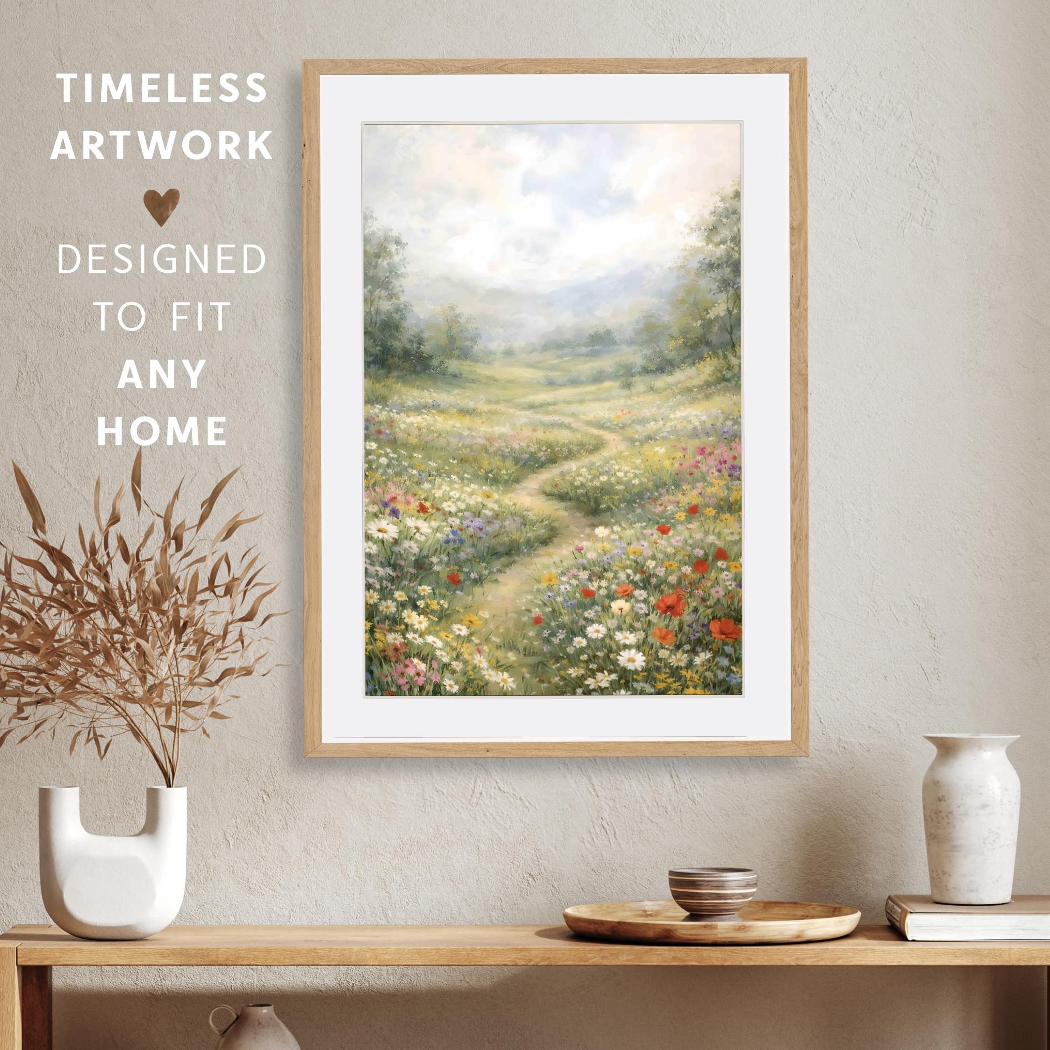 Vintage Cottagecore Landscape Wall Art Print, Meadow & Path Scenic ...