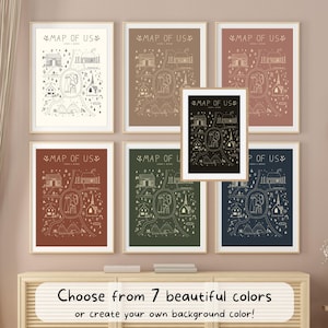 May include: Seven framed prints with a map design in various colors, including beige, brown, and navy. Each print features a detailed illustration of a landscape with the text "MAP OF US". The bottom of the image has text that reads "Choose from 7 beautiful colors or create your own background color!"