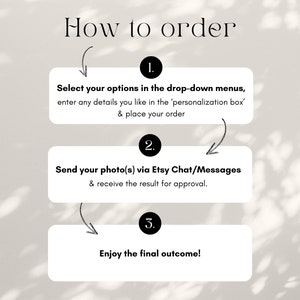 May include: How to order a custom product: 1. Select options from drop-down menus, enter details in the personalisation box, and place your order. 2. Send photos via Etsy Chat/Messages and receive approval. 3. Enjoy the final outcome!