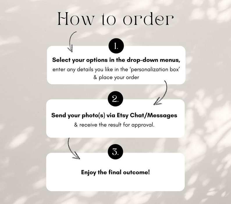 May include: How to order a custom product: 1. Select options from drop-down menus, enter details in the personalisation box, and place your order. 2. Send photos via Etsy Chat/Messages and receive approval. 3. Enjoy the final outcome!