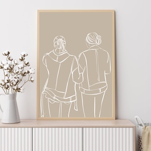 May include: A line drawing of two people standing back to back, with their hair pulled back. The drawing is in white on a beige background.