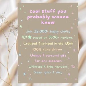 May include: A light brown background with a white text box. The text box contains the words "cool stuff you probably wanna know" in pink and blue. The text box also contains the following information: "Join 22,000+ happy clients", "4.9 based on 5500+ reviews", "Created & printed in the USA", "100% hand-drawn", "Unique & personal gift for any occasion", "Unlimited & free revisions", "Super quick & easy". The text box is surrounded by stars, hearts, and moons.