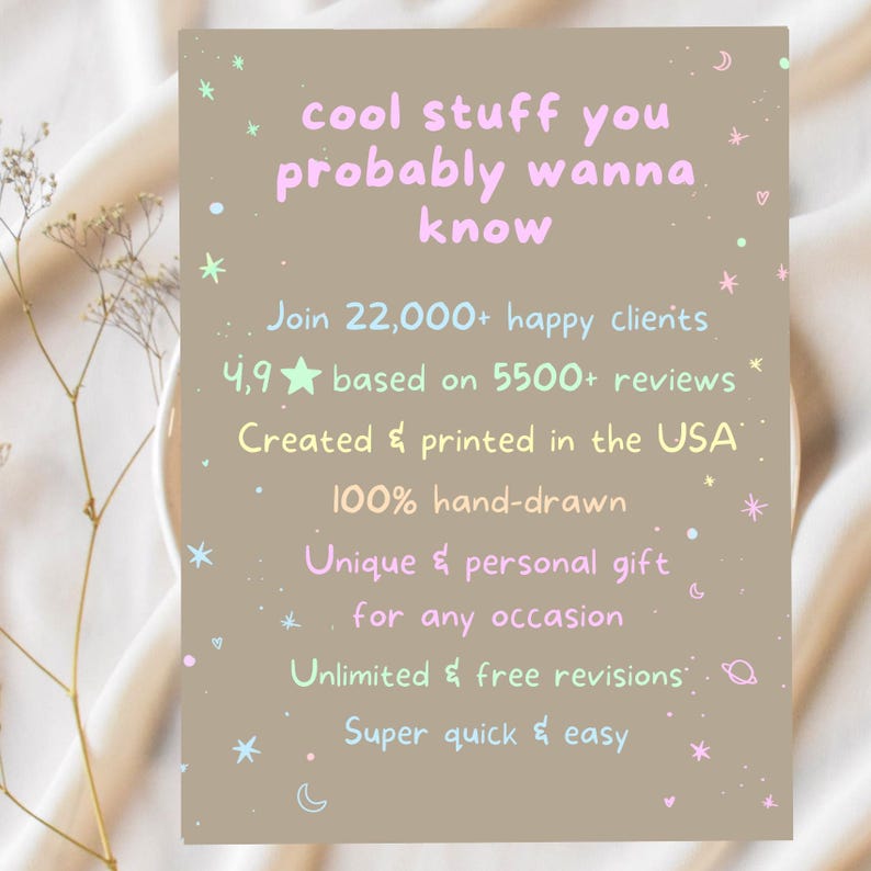 May include: A light brown background with a white text box. The text box contains the words "cool stuff you probably wanna know" in pink and blue. The text box also contains the following information: "Join 22,000+ happy clients", "4.9 based on 5500+ reviews", "Created & printed in the USA", "100% hand-drawn", "Unique & personal gift for any occasion", "Unlimited & free revisions", "Super quick & easy". The text box is surrounded by stars, hearts, and moons.