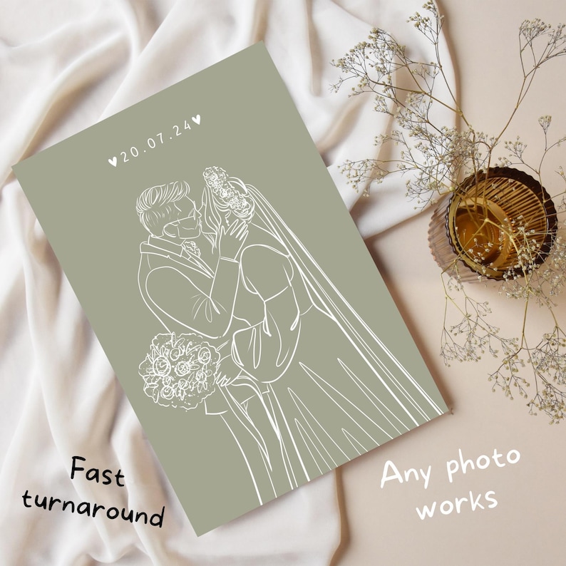 May include: A line drawing of a couple in wedding attire kissing, with the bride holding a bouquet of flowers. The background is a light green color. The date "20.07.24" is written in white at the top of the image.