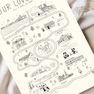 May include: A black and white illustrated map print celebrating 50 years of love. The print features a road map design with landmarks, text, and illustrations of places like the University of York, Minnesota, and Brighton Dome.