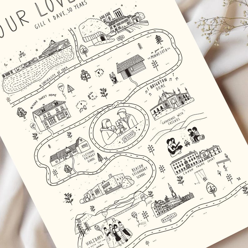 May include: A black and white illustrated map print celebrating 50 years of love. The print features a road map design with landmarks, text, and illustrations of places like the University of York, Minnesota, and Brighton Dome.