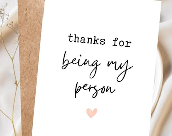 Best friend card, thanks for being my person, birthday card bestie, Grey’s Anatomy quote, thank you card for her, thank you card for him