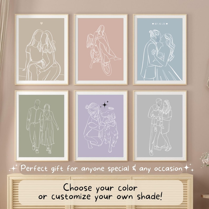 May include: Six different color backgrounds with white line drawings of couples and families. The backgrounds are light brown, light pink, light blue, light green, light purple, and light gray.