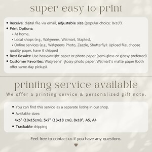 May include: A digital printable design with instructions on how to print at home, local shops, or online services. The text mentions popular print sizes, including 4x6 inches, 5x7 inches, 8x10 inches, A5, and A4.