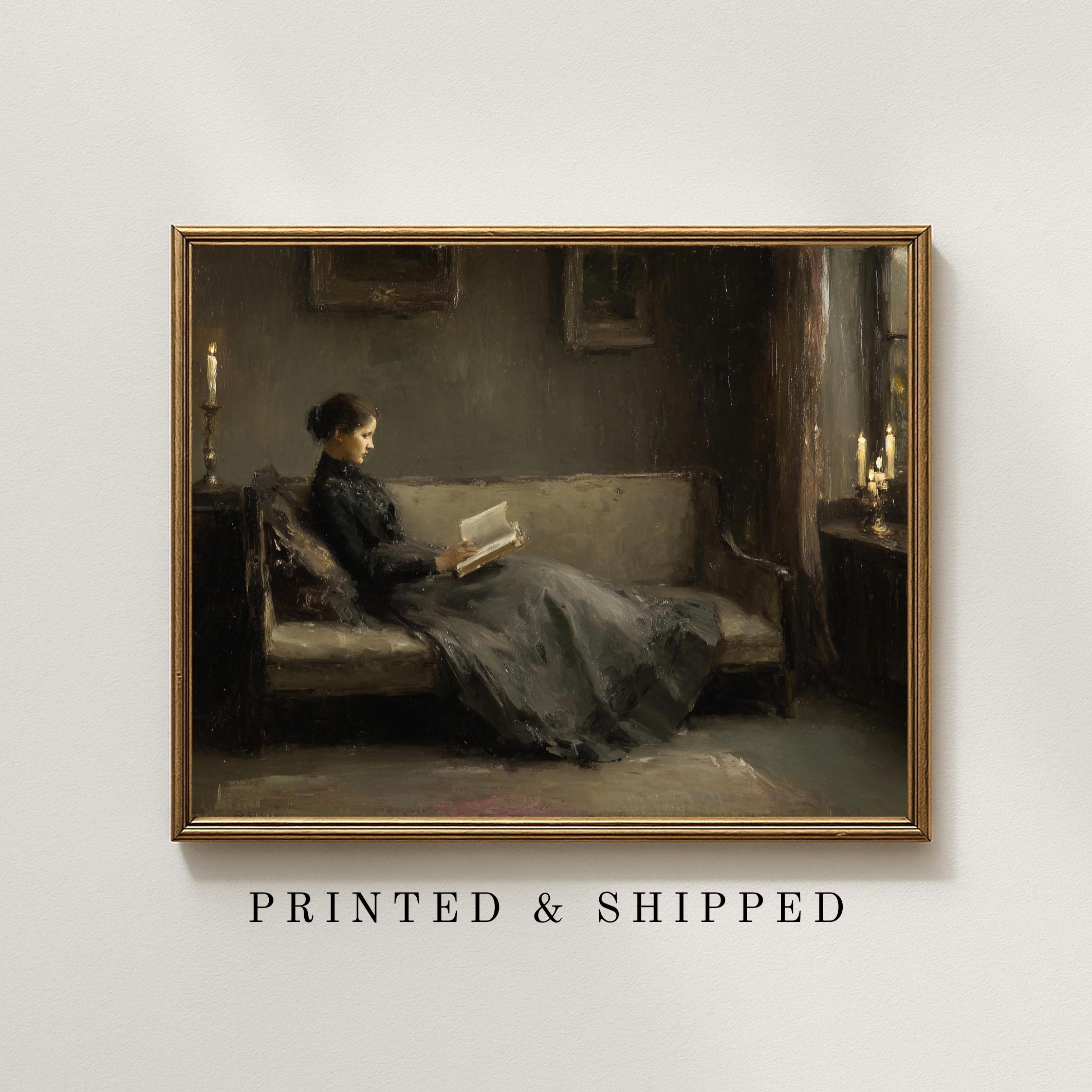 Vintage Woman Reading Art Print, Bookcore Sofa Painting, Antique Moody ...