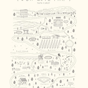 May include: A black and white illustrated map titled "Our Love Map" with text and drawings of locations, roads, and landmarks. The map includes text such as "Broadway", "Germany", and "Italy".
