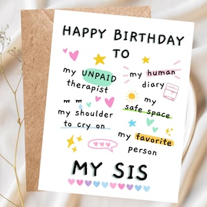 Tarjeta de cumpleaños divertida y adorable para hermana, saludos de cumpleaños divertidos, tarjeta hecha a mano, deseos de cumpleaños únicos, idea de regalo para hermana.