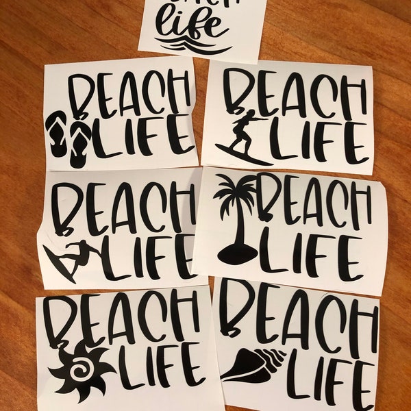 Beach Life | Seashell, Palm Tree, Sun, Surfing, Flip Flops, Waves, etc. | Vinyl Decal