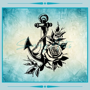 May include: A black and white illustration of an anchor with roses wrapped around it. The anchor is a nautical symbol of hope and strength, while the roses represent love and beauty.