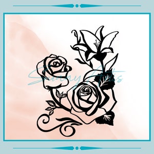 Könnte beinhalten: Schwarz-weiße Silhouette eines Blumenarrangements mit zwei Rosen und einer Lilie. Die Blumen sind stilisiert und haben einen Vintage-Look.