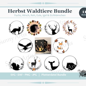 Autumn Woodland Animals Bundle Plotter File SVG DXF PNG – 11 Motifs: Fox, Deer, Roe Deer, Owl, Hedgehog, Squirrel in a Wreath, also for Lanterns